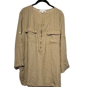 Ellen Tracy Co. Ladies Tan Pullover Zip Front 100% Linen Tunic Top Sz X-Large